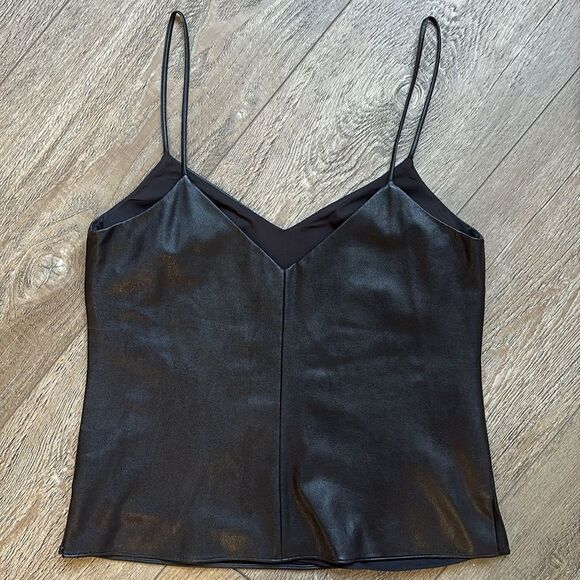 Amanda Uprichard Black Faux Leather Vegan Spaghetti Strap V-neck Tank Top - Picture 2 of 4